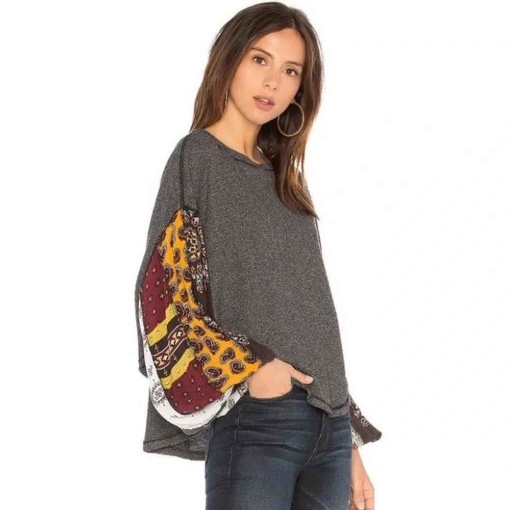FREE PEOPLE We The Free Blossom Waffle Thermal Patchwork Paisley Sleeve top